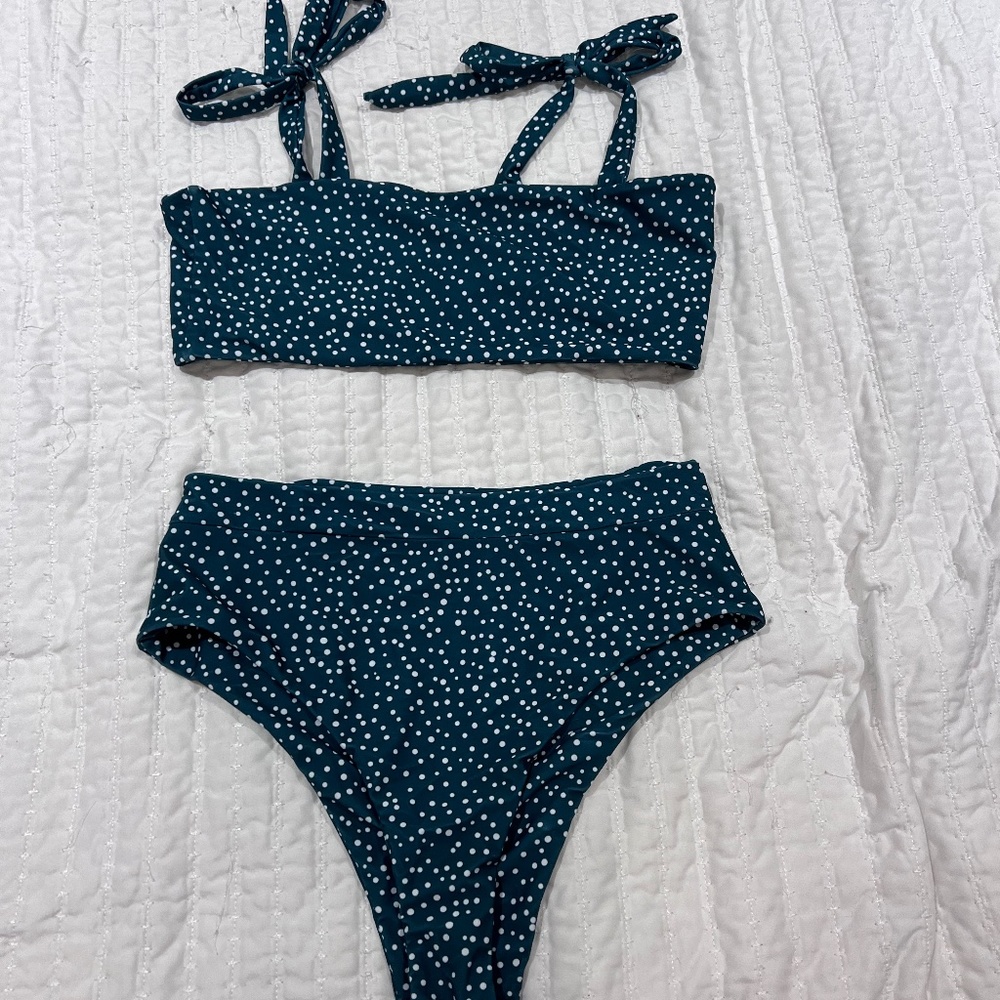 Emerald and white polka dot bikini